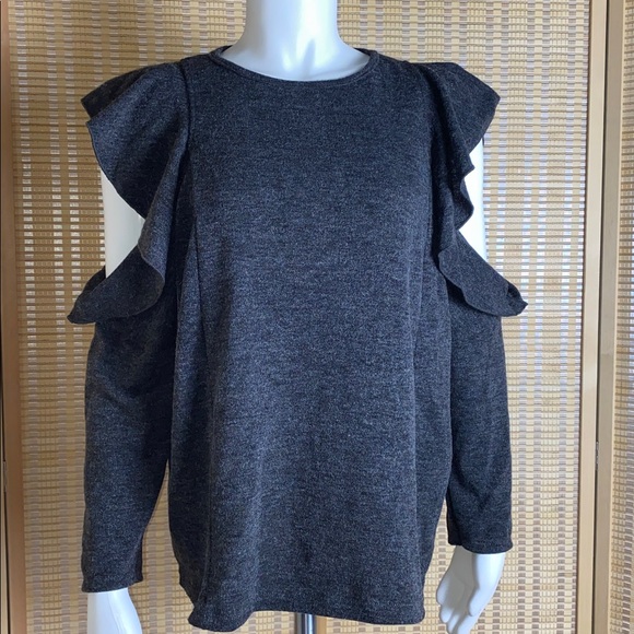 Zara W&B Collection Gray Knit Ruffle Cold Shoulder Sleeve Sweater Size Large - Picture 1 of 5